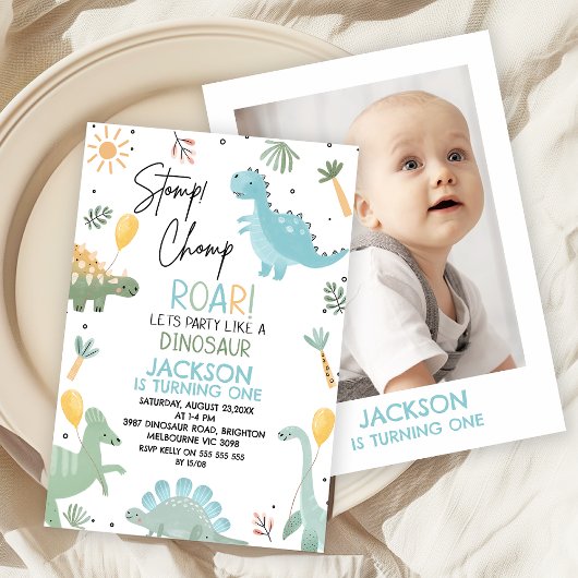 Invitation Fête d'anniversaire thème dinosaure photo bleu ver