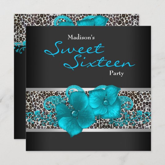 Invitation Fête d'anniversaire thème léopard bleu sarcelle no (Devant / Derrière)