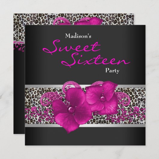 Invitation Fête d'anniversaire thème léopard rose chaud noir (Devant / Derrière)