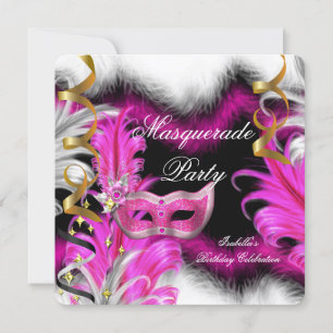 Invitation Fête d'anniversaire Thème Mascarade Rose Noir Blan