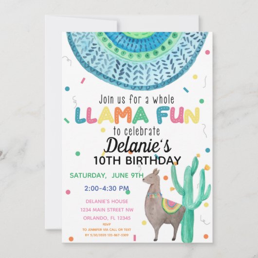 Invitation Fête d'anniversaire thème mexicain Llama (Devant)