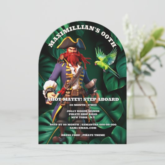 Invitation Fête d'anniversaire thème pirate garçon capitaine (Debout devant)