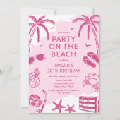 Invitation Fête d'anniversaire thème plage côtière rose gribo (Devant)
