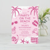 Invitation Fête d'anniversaire thème plage côtière rose gribo (Debout devant)