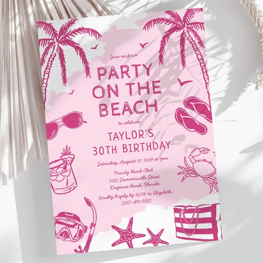 Invitation Fête d'anniversaire thème plage côtière rose gribo