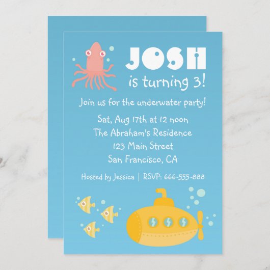 Invitation Fête d'anniversaire - thème sous-marin avec sous-m (Devant / Derrière)