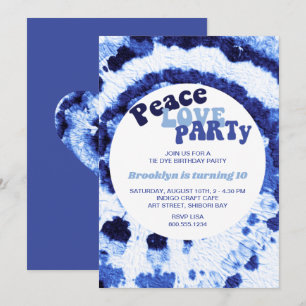 Invitation Fête d'anniversaire tie dye bleu Shibori Peace Lov