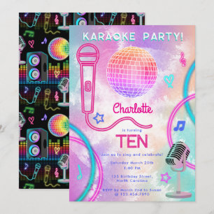 Invitation Fête d'anniversaire Tie Dye Karaoke Neon Glow 