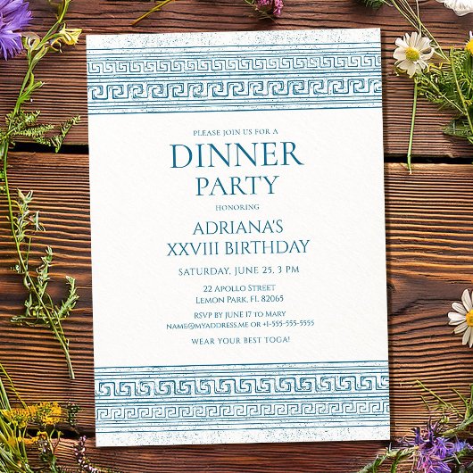 Invitation Fête d'anniversaire Toga en bleu avec éléments en