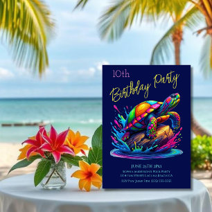 Invitation Fête d'anniversaire - Tortue colorée éclaboussure
