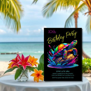 Invitation Fête d'anniversaire - Tortue colorée éclaboussure