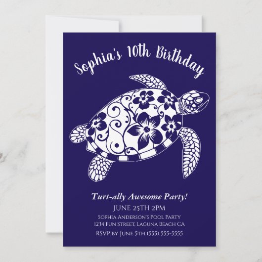 Invitation Fête d'anniversaire-Tortue hawaïenne (Devant)
