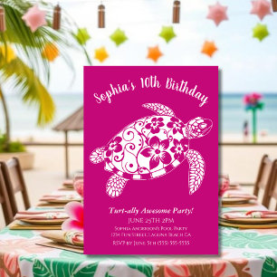 Invitation Fête d'anniversaire - Tortue rose hawaïenne