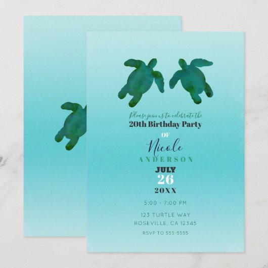 Invitation Fête d'anniversaire Tortues de l'océan aquarelle b (Devant / Derrière)
