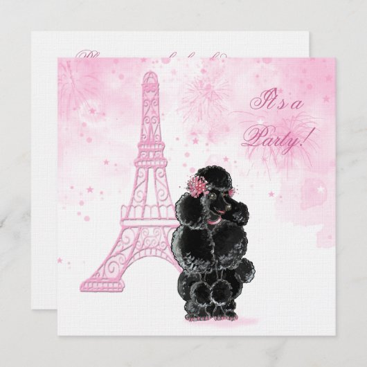 Invitation Fête d'anniversaire Tour Eiffel et caniche noir (Devant / Derrière)