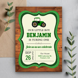 Invitation Fête d'anniversaire tracteur agricole en bois rust