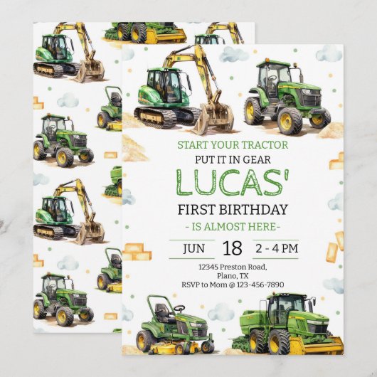 Invitation Fête d'anniversaire tracteur vert (Devant / Derrière)