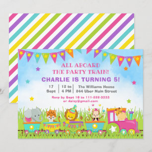 Invitation Fête d'anniversaire Train Safari Animaux Fille