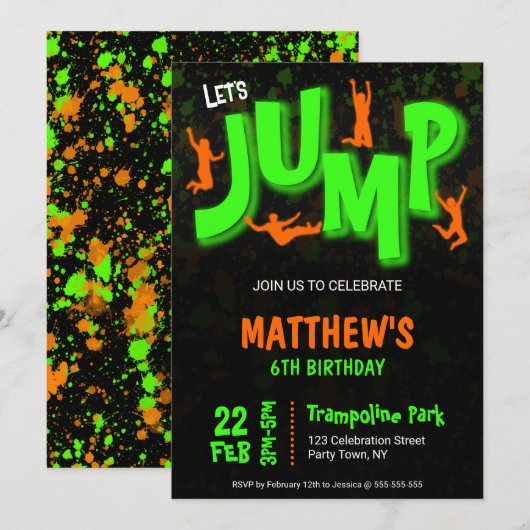 Invitation Fête d'anniversaire trampoline peinture orange ver (Devant / Derrière)