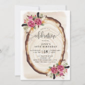 Invitation Fête d'anniversaire, tranche de bois rose floral (Devant)