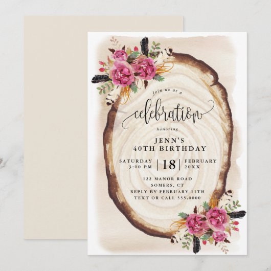 Invitation Fête d'anniversaire, tranche de bois rose floral (Devant / Derrière)