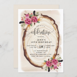 Invitation Fête d'anniversaire, tranche de bois rose floral