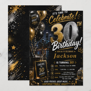 Invitation Fête d'anniversaire trente ans Black Gold