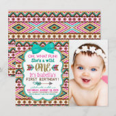 Invitation Fête d'anniversaire Tribal pour filles 1 an (Devant / Derrière)