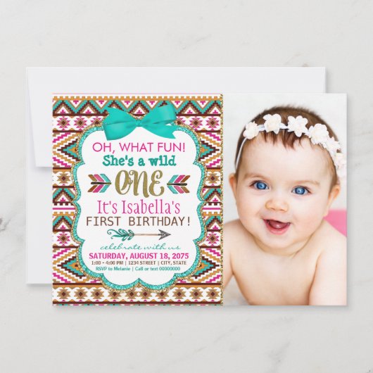 Invitation Fête d'anniversaire Tribal pour filles 1 an (Devant)