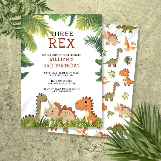 Invitation Fête d'anniversaire Trois Rex Dinosaur mignon