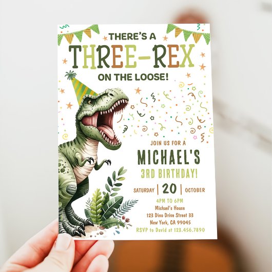 Invitation Fête d'anniversaire Trois Rex Dinosaure 3 ans