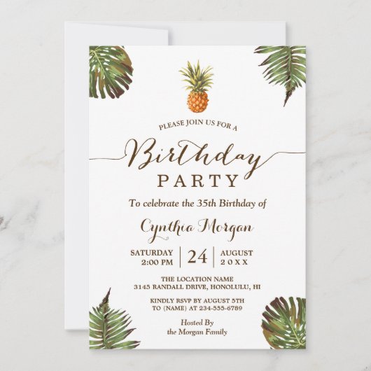 Invitation Fête d'Anniversaire Tropical - Feuilles d'ananas d (Devant)