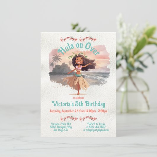 Invitation Fête d'Anniversaire Tropical Hula (Debout devant)