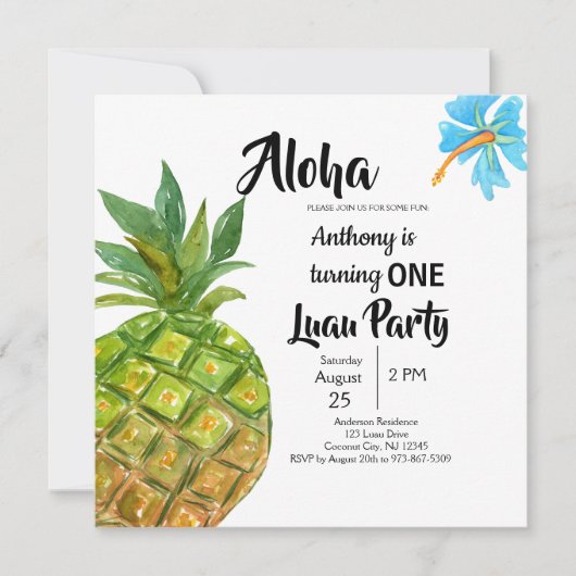Invitation Fête d'Anniversaire Tropical Luau (Devant)