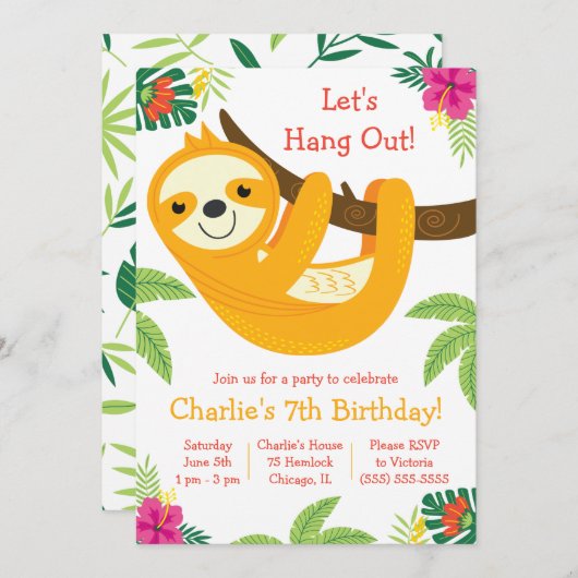 Invitation Fête d'anniversaire Tropical Sloth (Devant / Derrière)