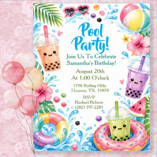Invitation Fête d'anniversaire tropicale à la piscine aquarel