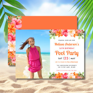 Invitation Fête d'anniversaire tropicale au bord de la piscin