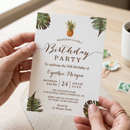 Invitation Fête d'anniversaire tropicale - Feuilles d'ananas