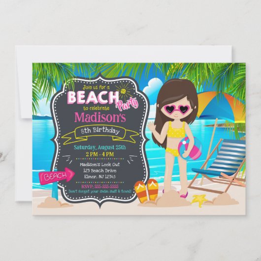 Invitation Fête d'anniversaire tropicale fille plage d'été (Devant)