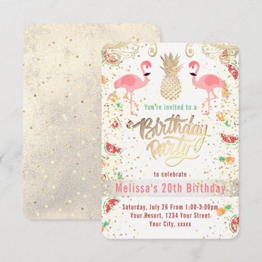 Invitation fête d'anniversaire tropicale flamant rose (Devant / Derrière)