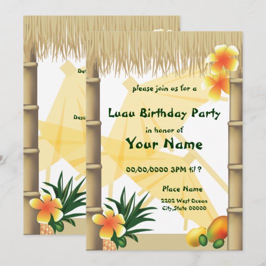 Invitation Fête d'anniversaire tropicale Hawaïenne Luau Tiki (Devant / Derrière)