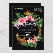 Invitation Fête d'anniversaire tropicale hawaïenne - Noir (Devant / Derrière)