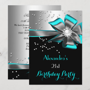 Invitation Fête d'anniversaire Turquoise Aqua Noir Argent Arc