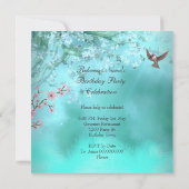 Invitation Fête d'anniversaire turquoise Bird Rose asiatique (Dos)