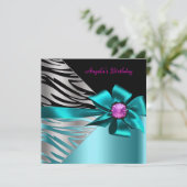 Invitation Fête d'anniversaire Turquoise bleu rose argent Zeb (Debout devant)