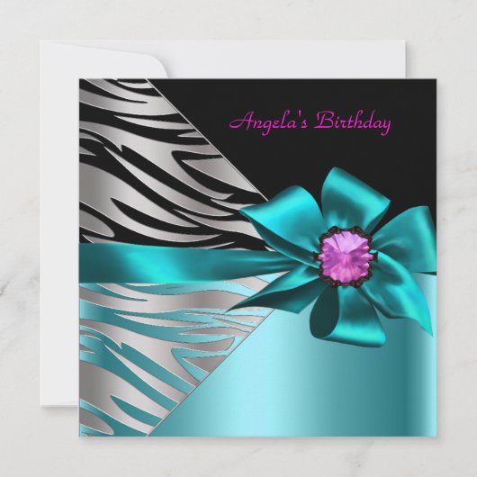 Invitation Fête d'anniversaire Turquoise bleu rose argent Zeb (Devant)