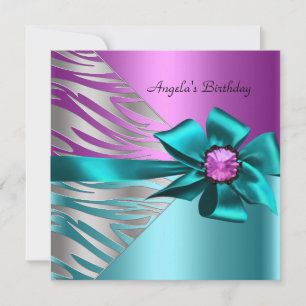 Invitation Fête d'anniversaire Turquoise bleu rose argent Zeb