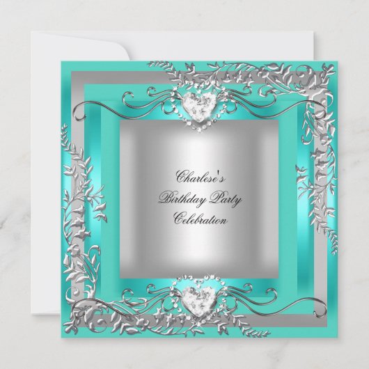 Invitation Fête d'anniversaire Turquoise bleu turquoise argen (Devant)