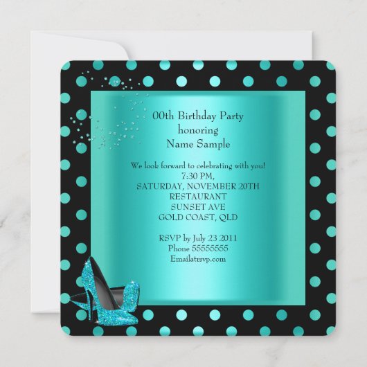 Invitation Fête d'anniversaire Turquoise bleu turquoise noir (Dos)