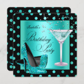 Invitation Fête d'anniversaire Turquoise bleu turquoise noir (Devant / Derrière)